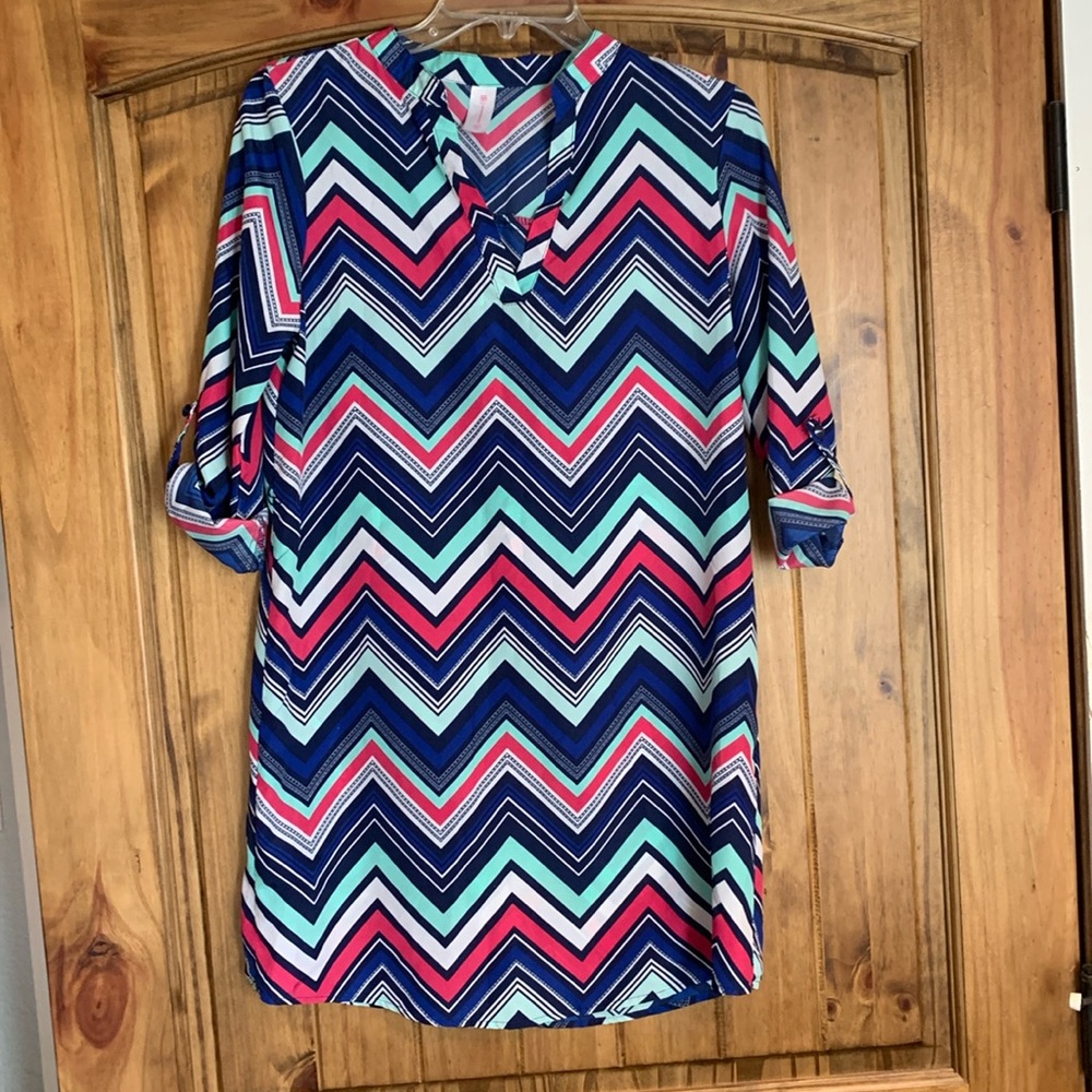 No Boundaries Chevron Kids Dress - Blue, Pink, Green